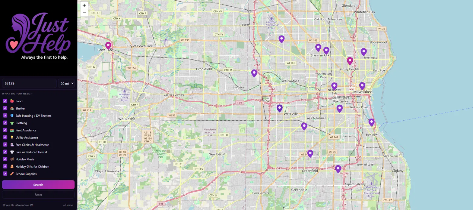 Just Help app — find food banks, shelters, and community resources near you