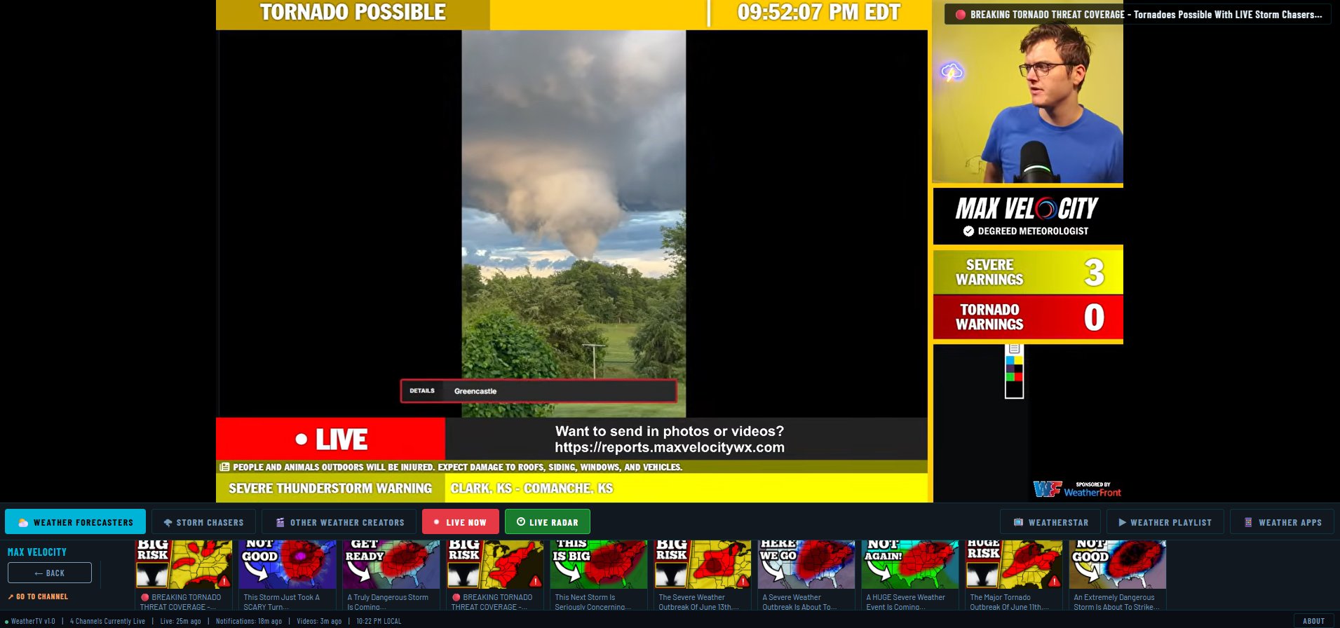WeatherTV live storm chaser coverage with severe weather alerts