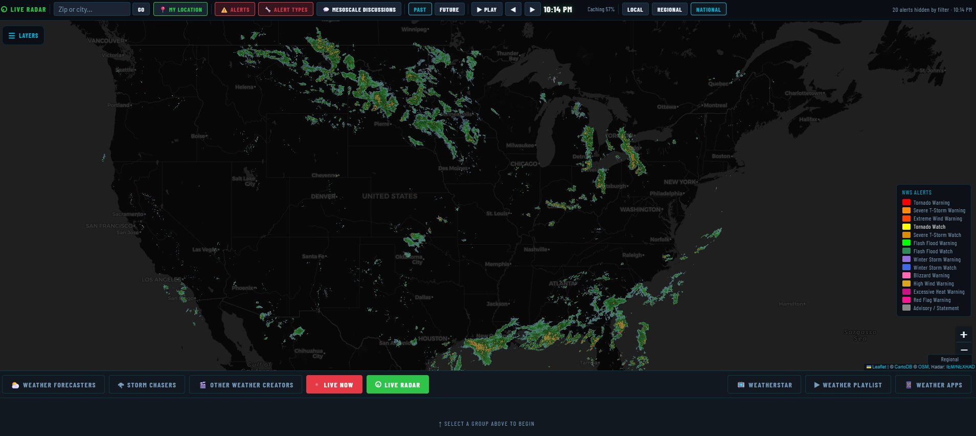 WeatherTV live national radar with NWS alert overlays