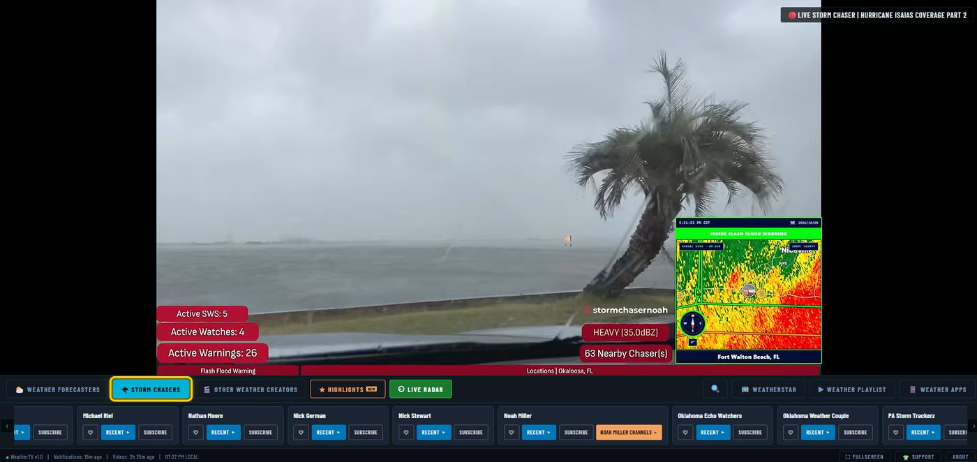 WeatherTV live storm chaser coverage with radar and severe weather alerts